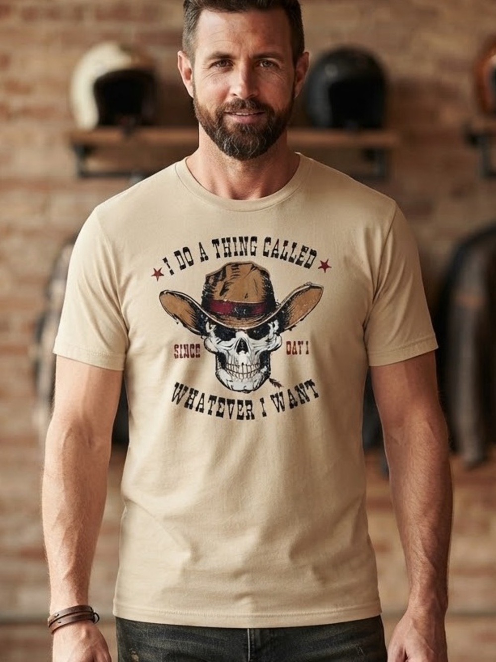 Men's Beige Graphic Tee - 'Whatever I Want' Skull Cowboy Design